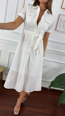Ażurowa sukienka szmizjerka midi Sandy biała