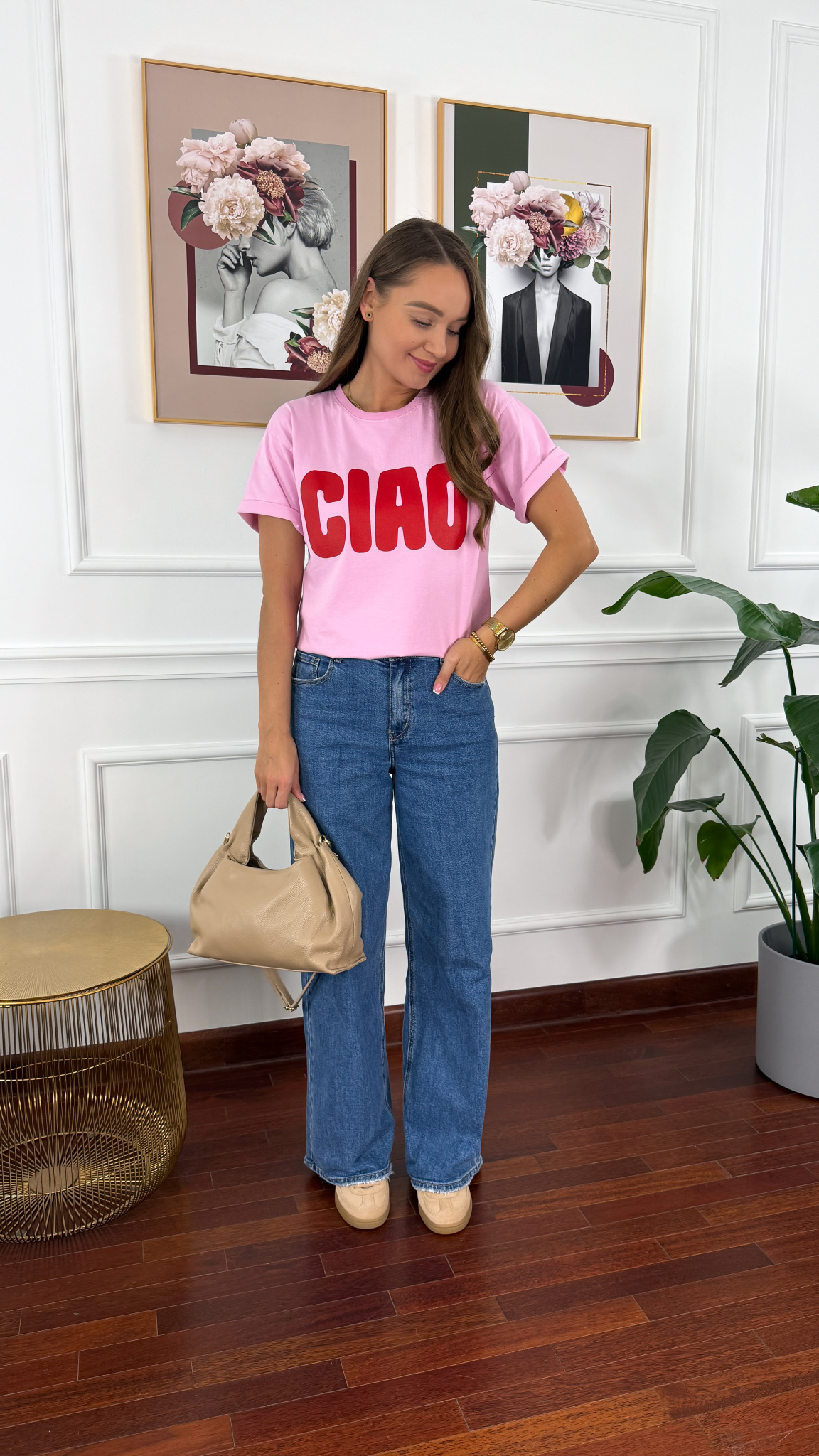 Bawełniany t-shirt Ciao jasny róż