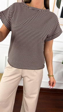 T-shirt w paski Bruna czekoladowy-różowy