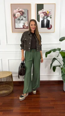 Rayonowe szerokie spodnie Larra khaki