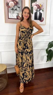 Wiskozowa sukienka maxi Sunny granatowa w liście