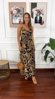 Wiskozowa sukienka maxi Sunny granatowa w liście