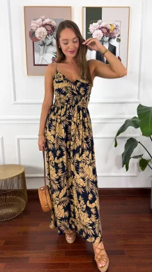 Wiskozowa sukienka maxi Sunny granatowa w liście
