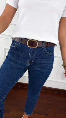 Skórzany pasek Givra czekoladowy-złoty