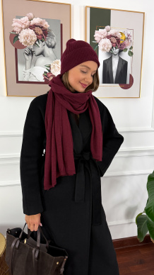 Kaszmirowo-wełniany komplet czapka i szal Winter burgundowy