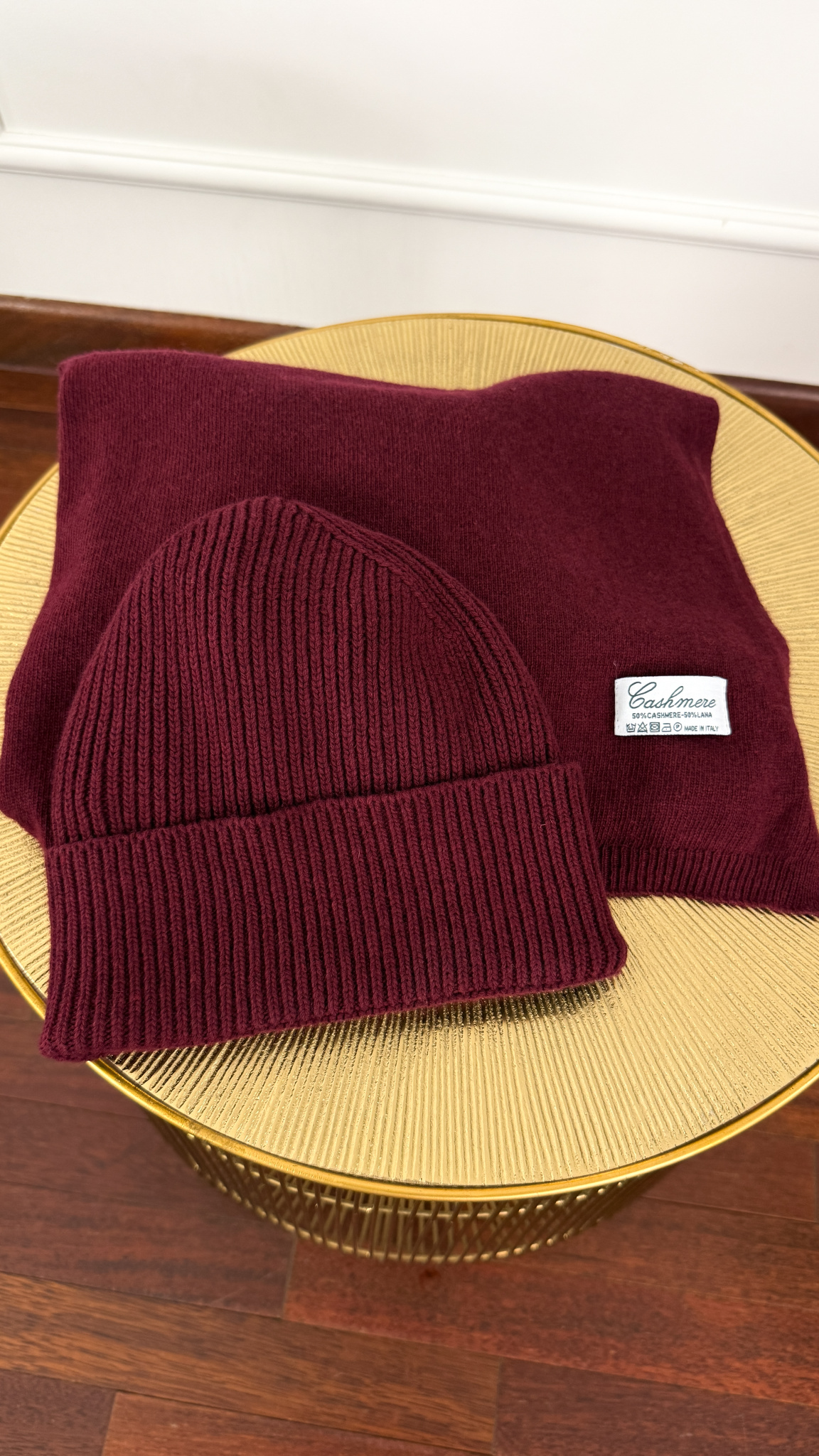 Kaszmirowo-wełniany komplet czapka i szal Winter burgundowy