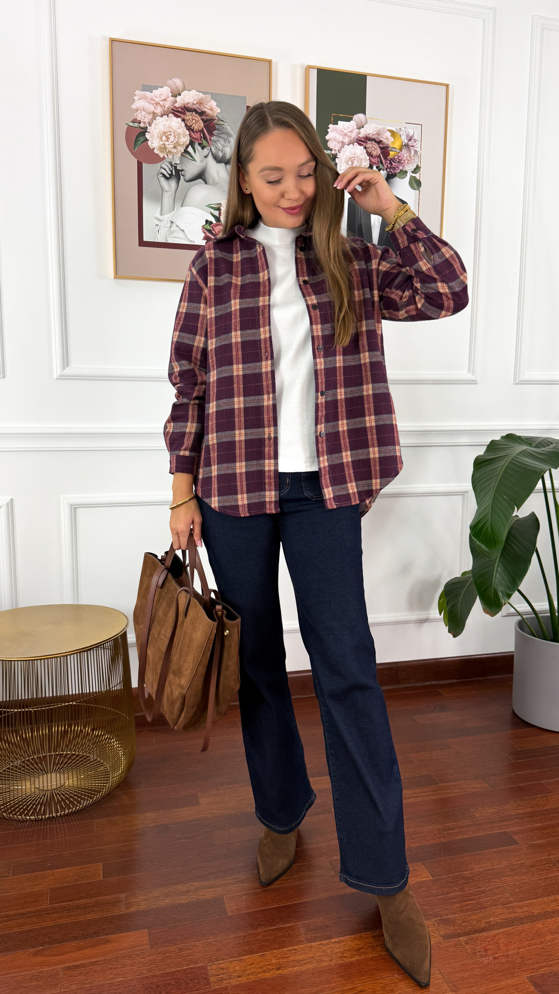 Koszula w kratę Vivi burgundowo-beżowa