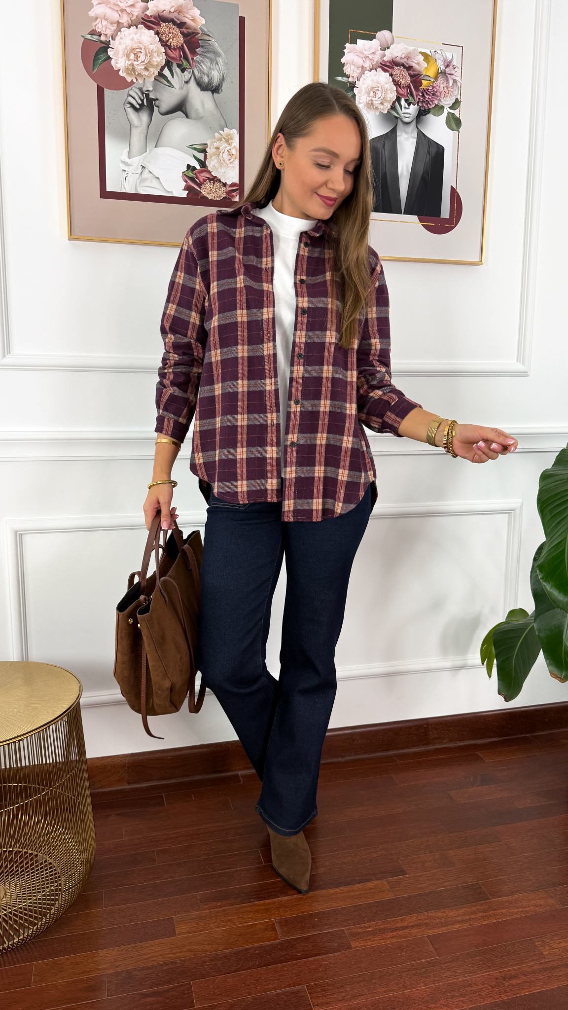 Koszula w kratę Vivi burgundowo-beżowa