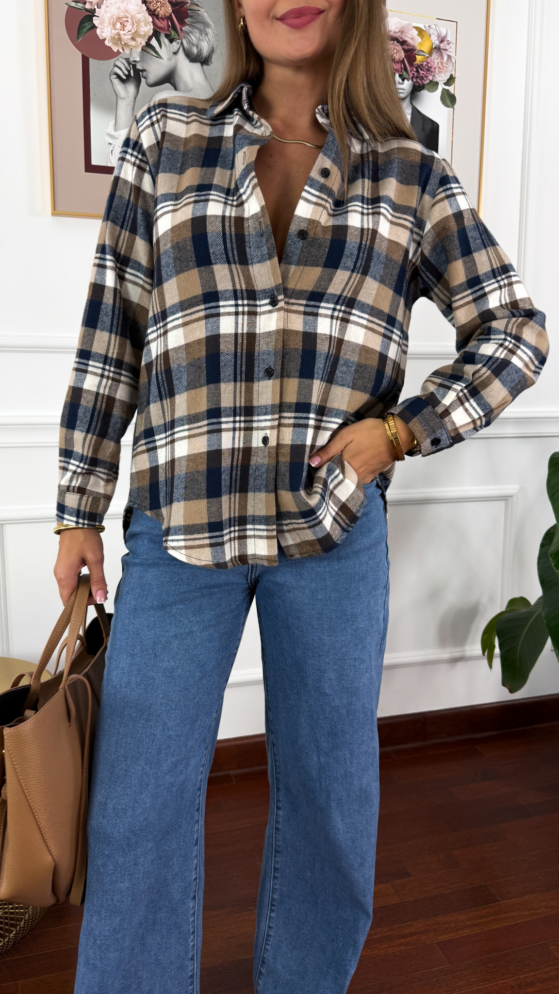 Koszula w kratę Vivi granatowo-beżowa