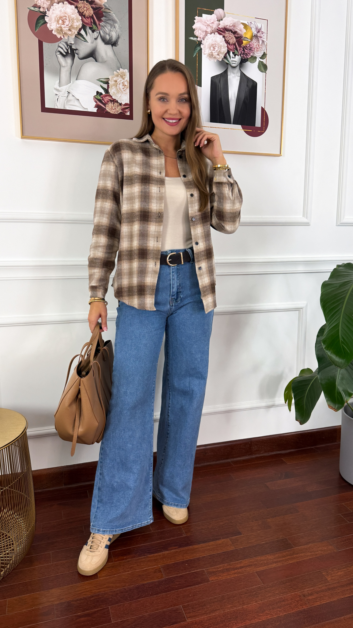 Koszula w kratę Vivi beżowo-brązowa