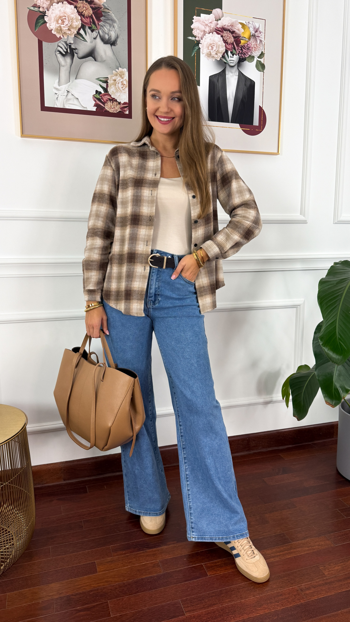 Koszula w kratę Vivi beżowo-brązowa