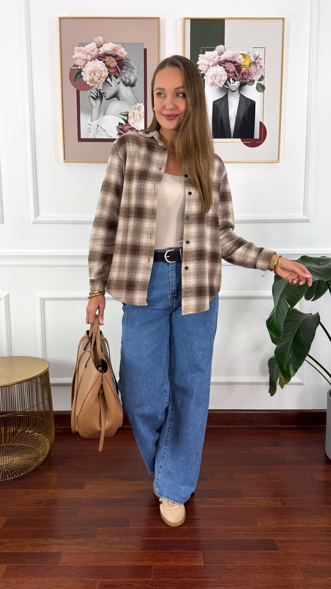 Koszula w kratę Vivi beżowo-brązowa