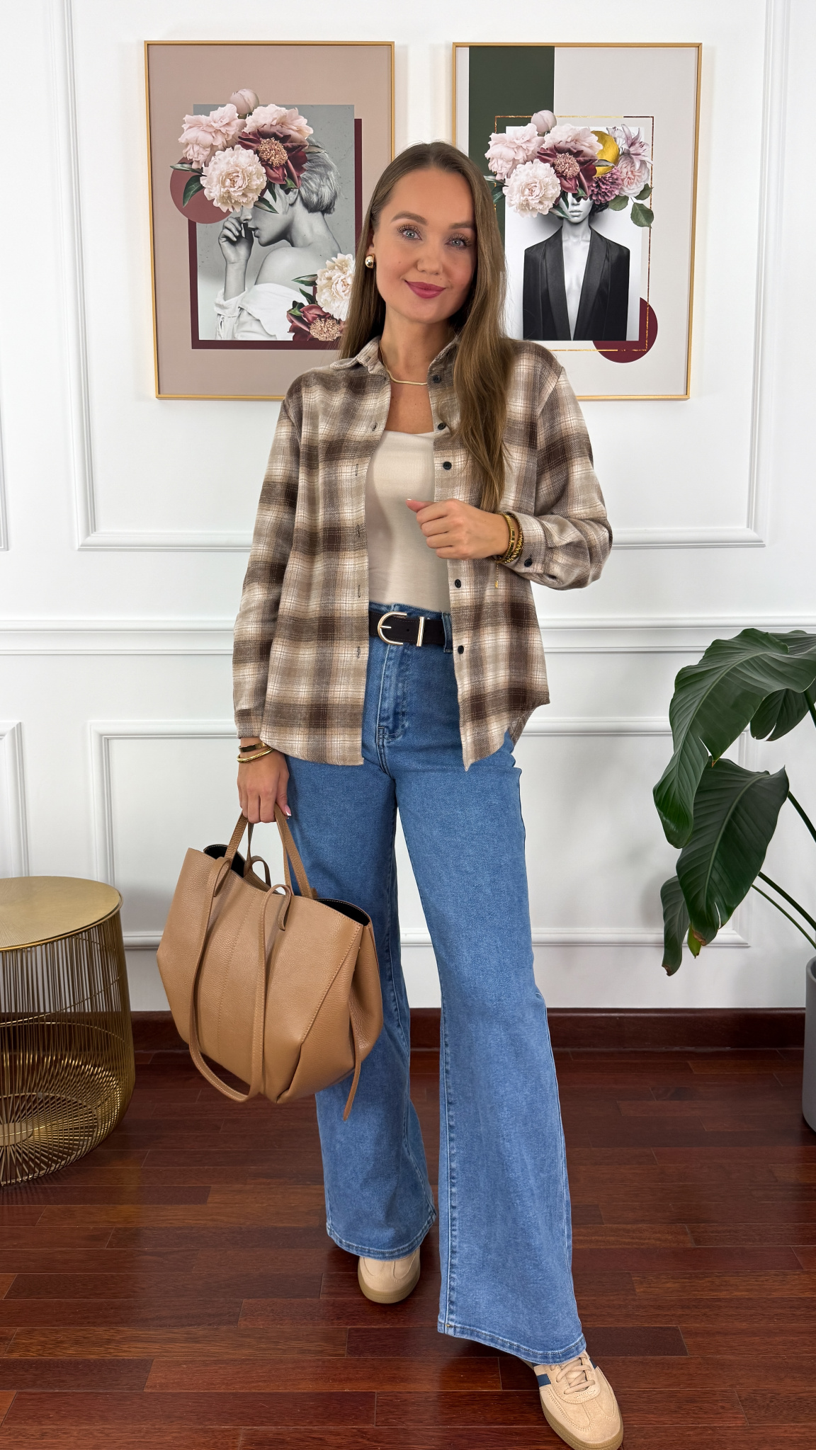 Koszula w kratę Vivi beżowo-brązowa