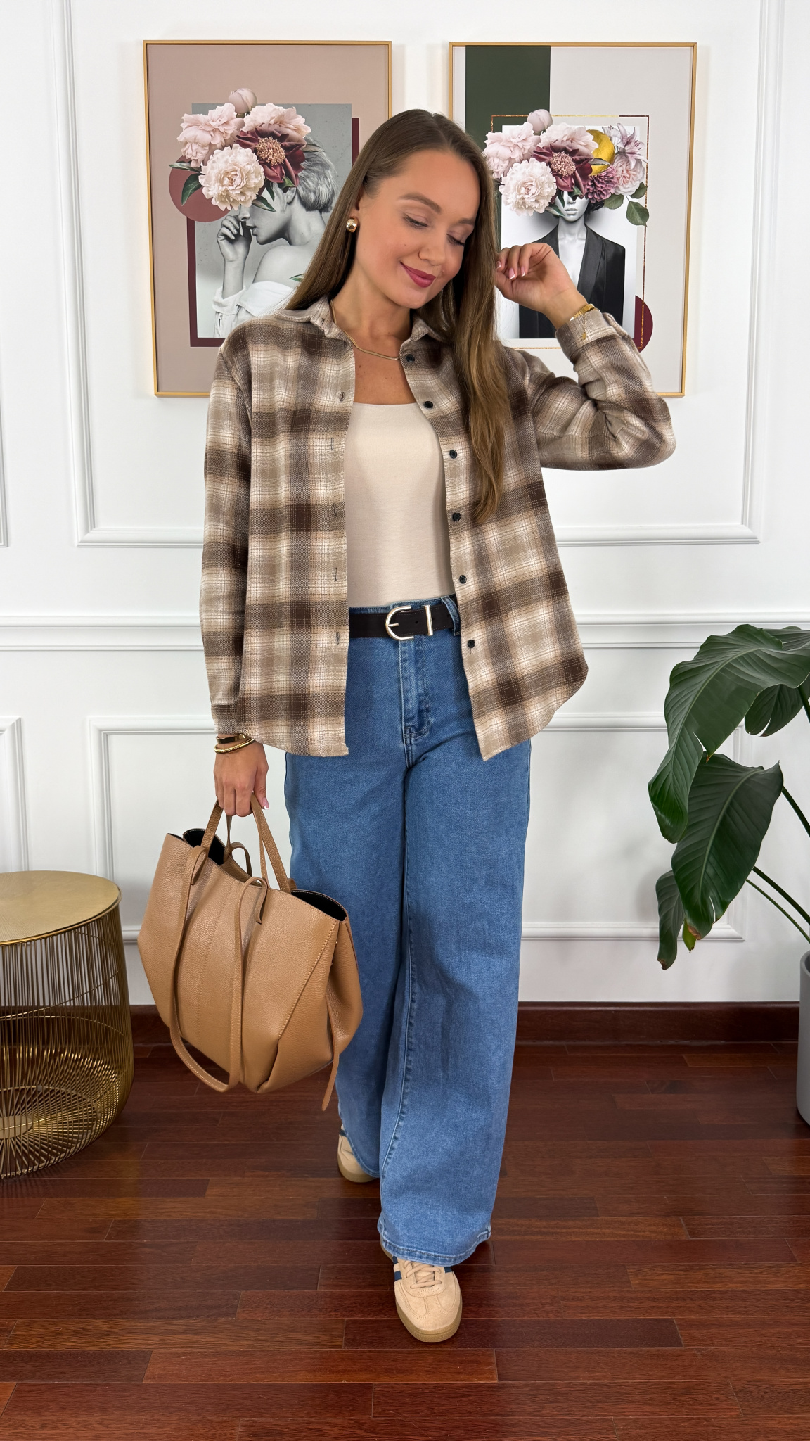 Koszula w kratę Vivi beżowo-brązowa