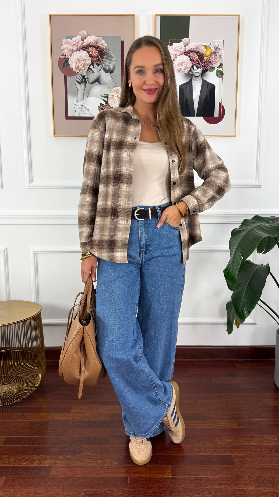 Koszula w kratę Vivi beżowo-brązowa