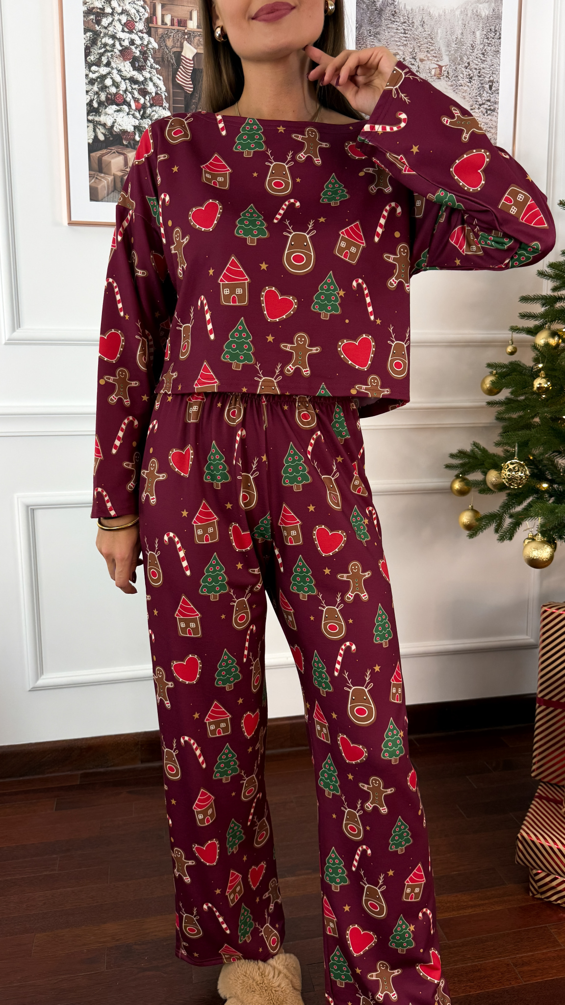 Bawełniana piżamka Santa bordowa