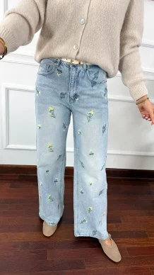 Spodnie wide leg Seren jasny denim kwiaty