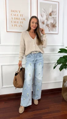 Spodnie wide leg Seren jasny denim kwiaty