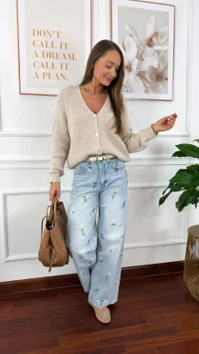 Spodnie wide leg Seren jasny denim kwiaty