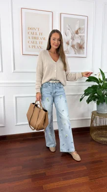 Spodnie wide leg Seren jasny denim kwiaty