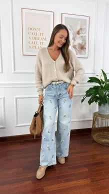 Spodnie wide leg Seren jasny denim kwiaty
