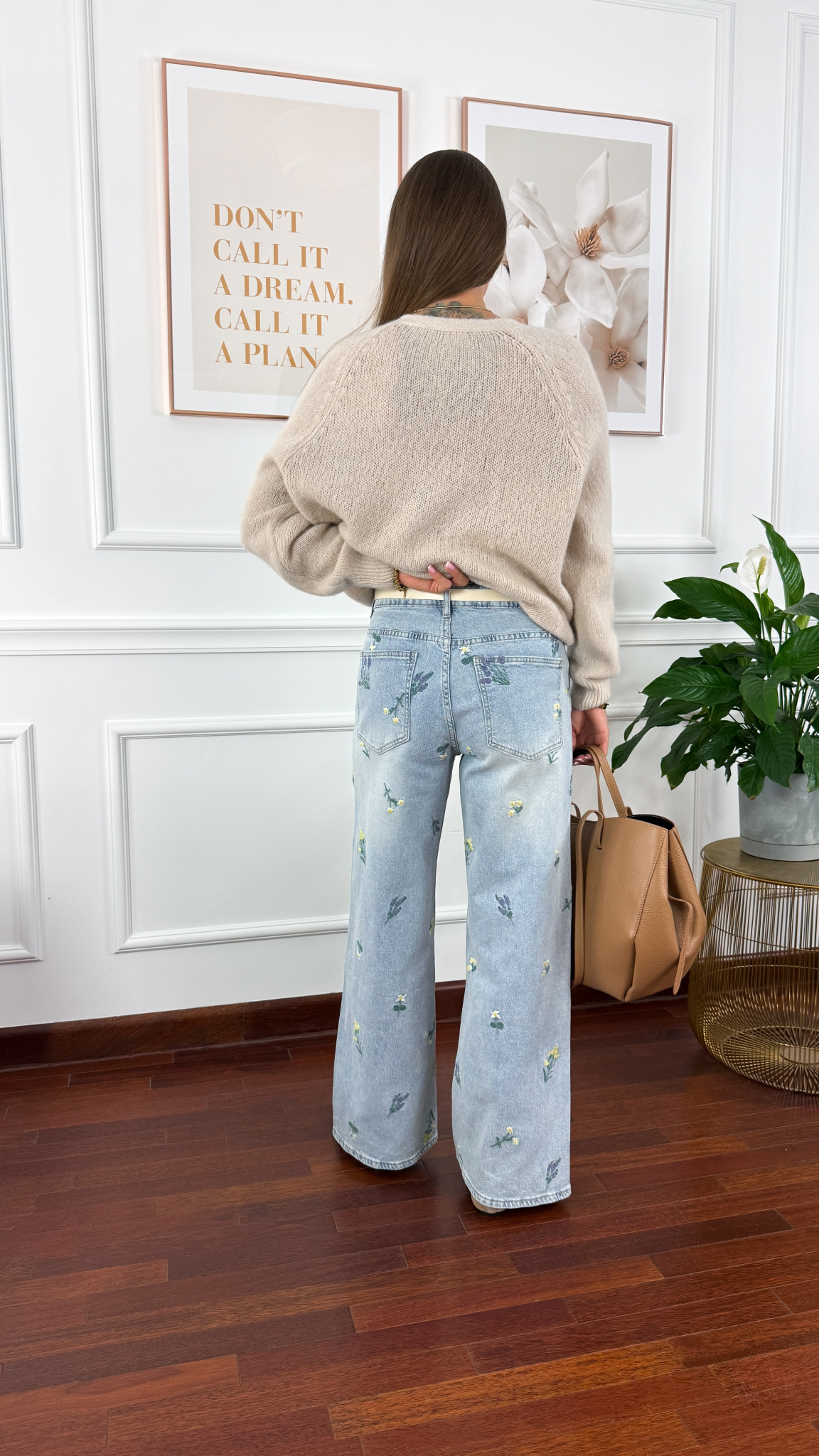 Spodnie wide leg Seren jasny denim kwiaty
