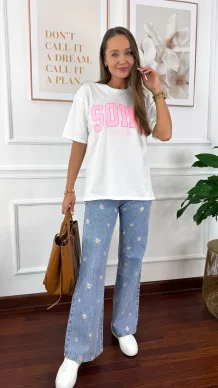 Bawełniana t-shirt Soho biało-różowy