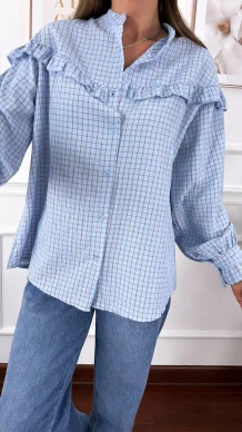 Koszula z falbanką Annis błękitna w kratkę