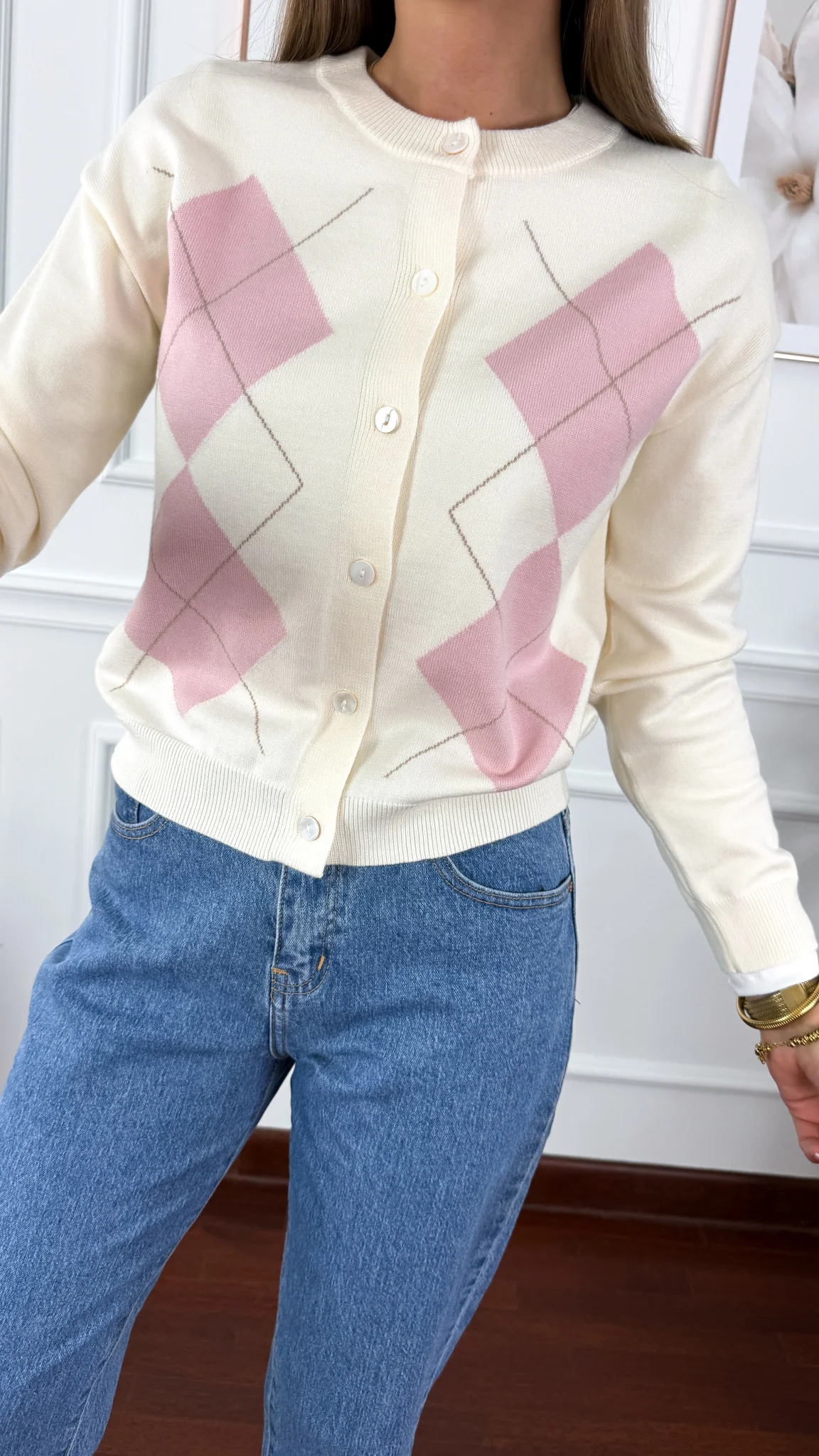 Wiskozowy kardigan Helia ecru-róż