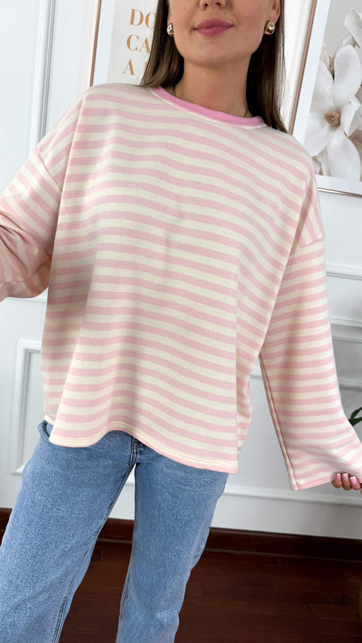 Bawełniana bluza Briva ecru-różowa