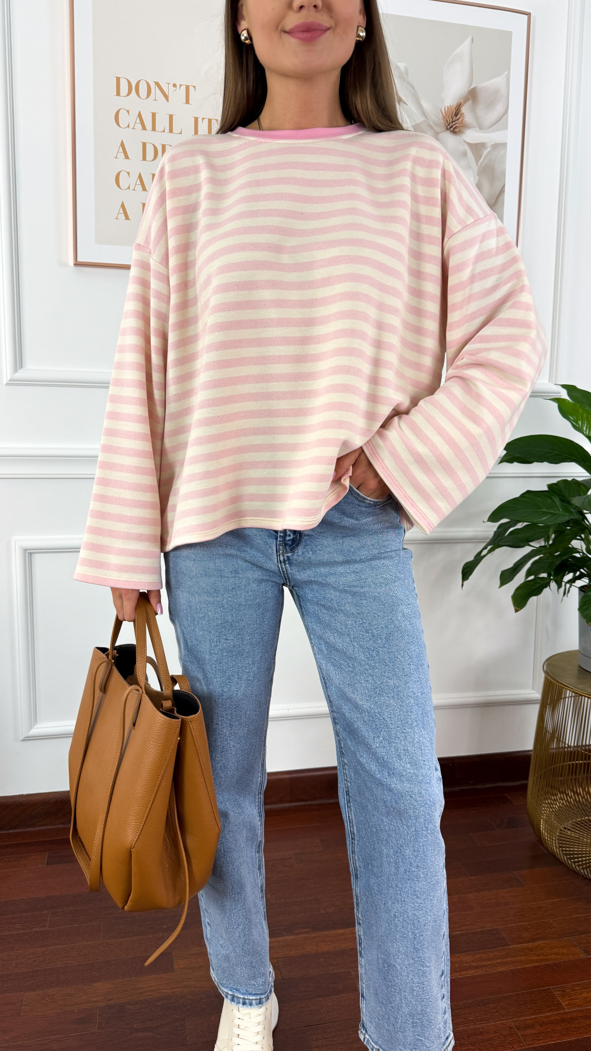 Bawełniana bluza Briva ecru-różowa