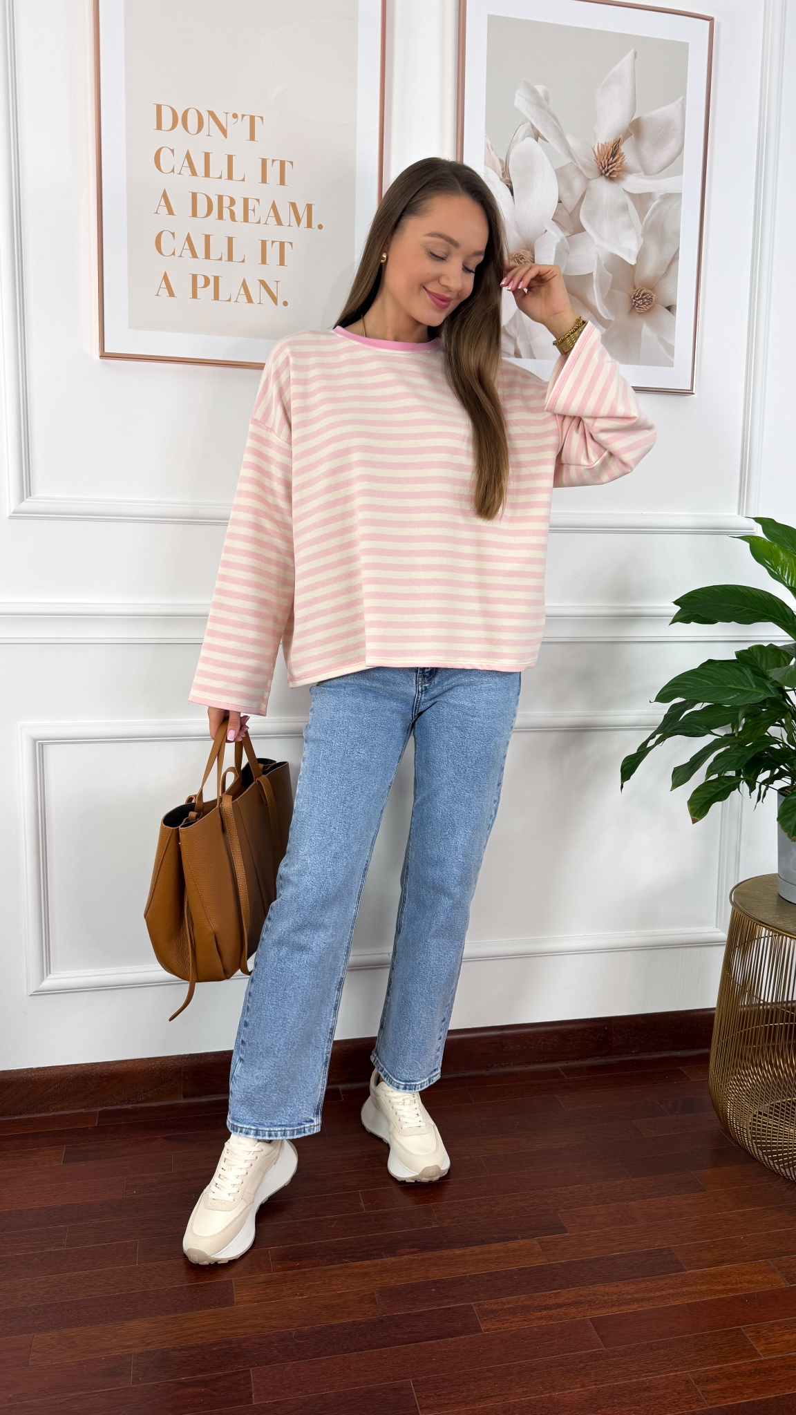 Bawełniana bluza Briva ecru-różowa