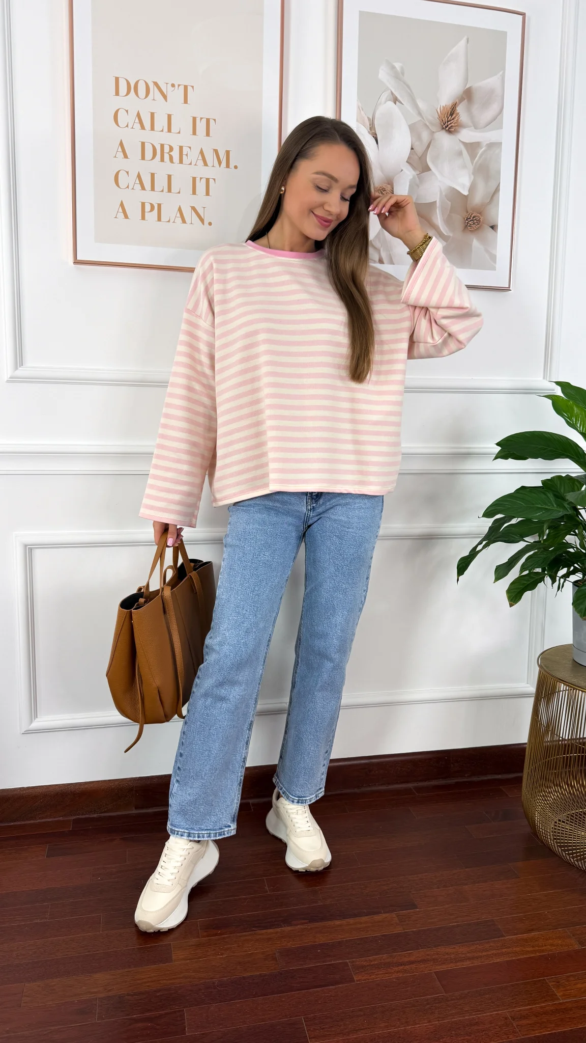 Bawełniana bluza Briva ecru-różowa