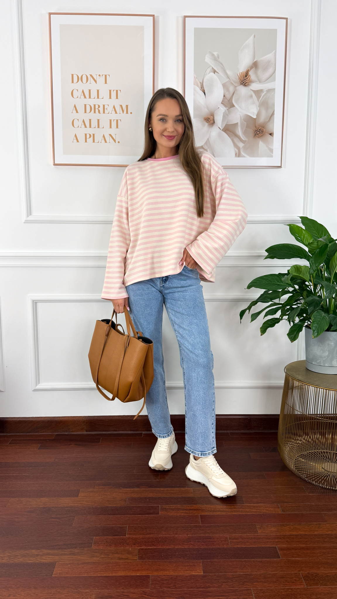 Bawełniana bluza Briva ecru-różowa