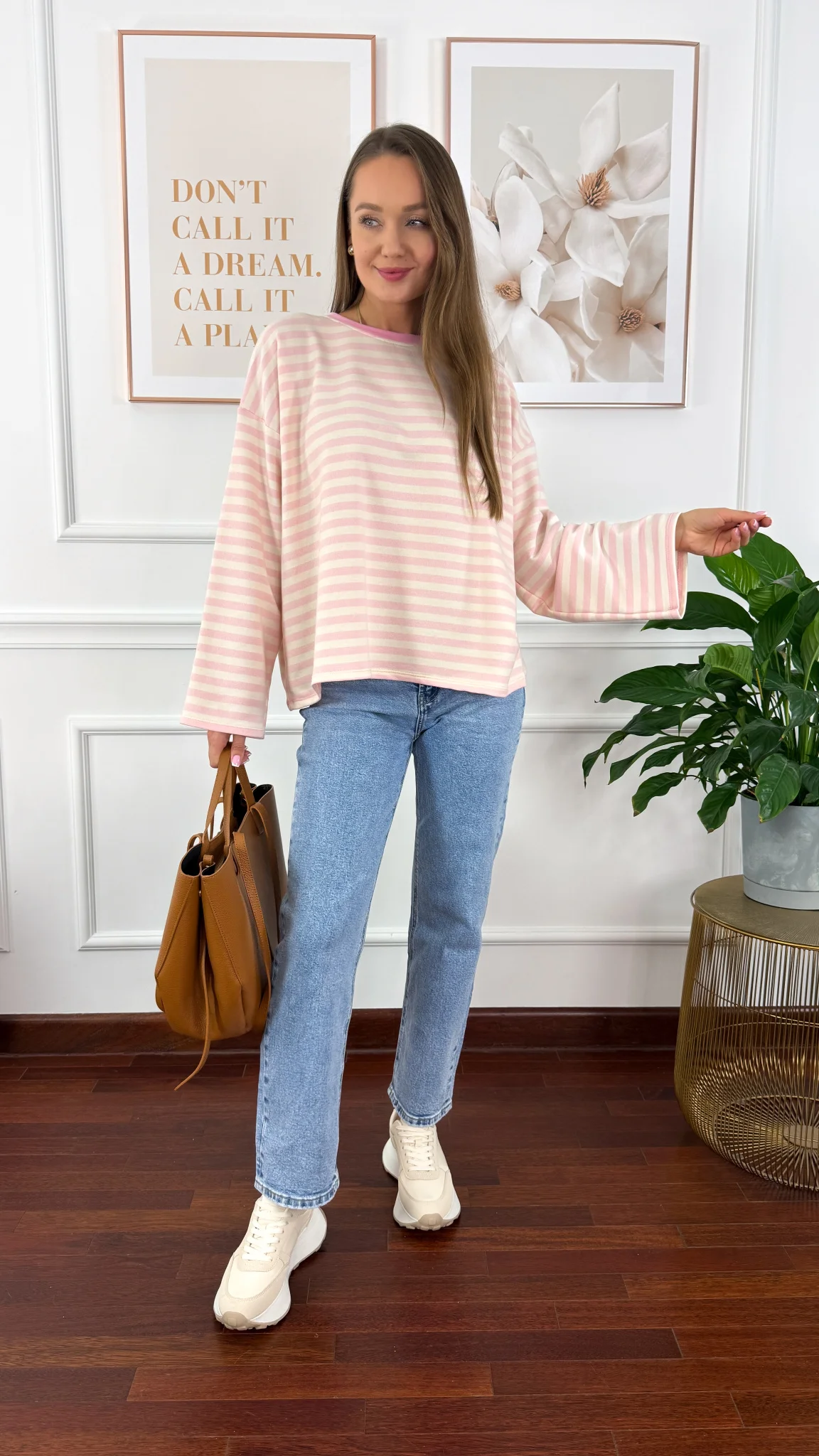 Bawełniana bluza Briva ecru-różowa