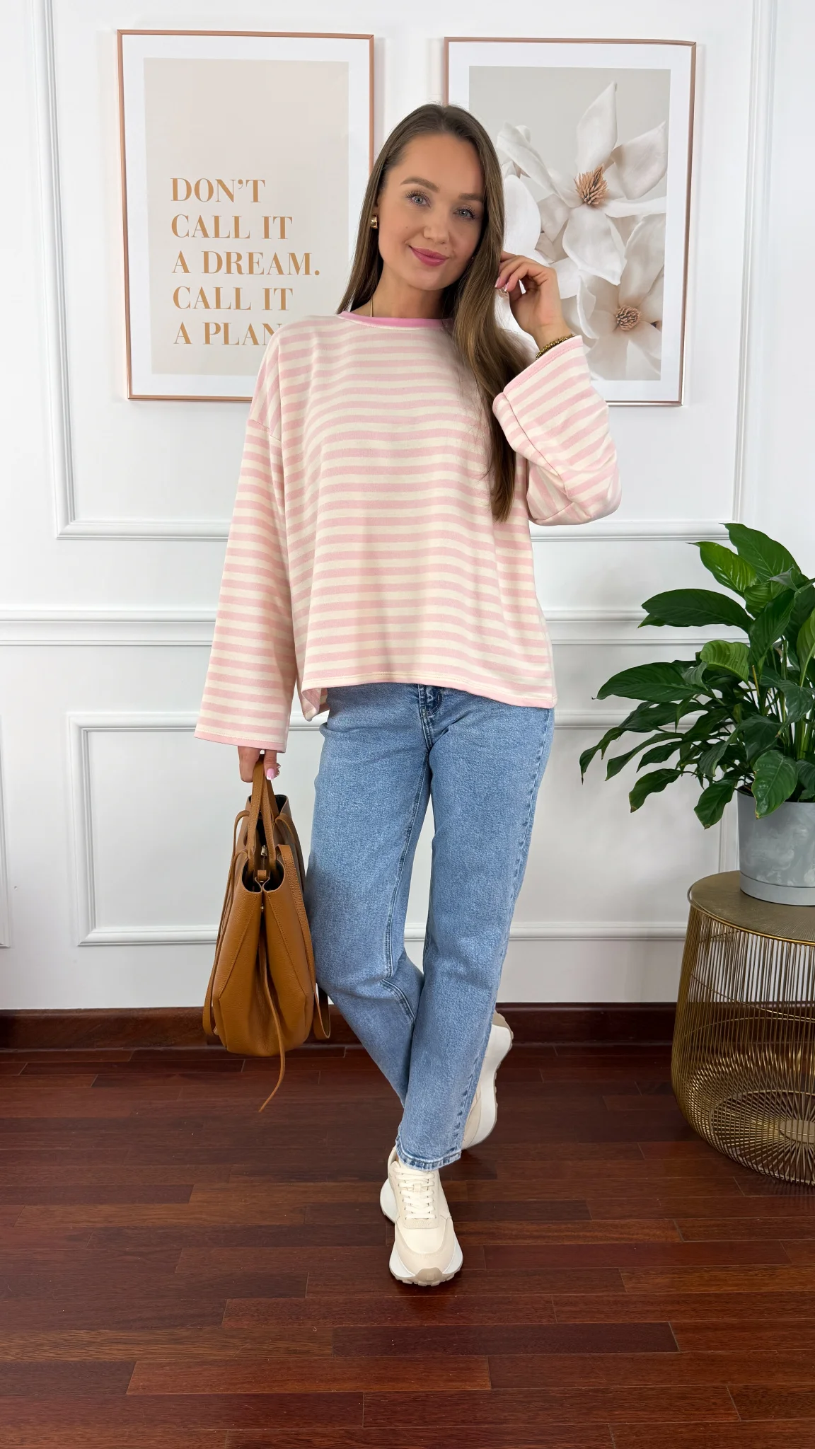 Bawełniana bluza Briva ecru-różowa