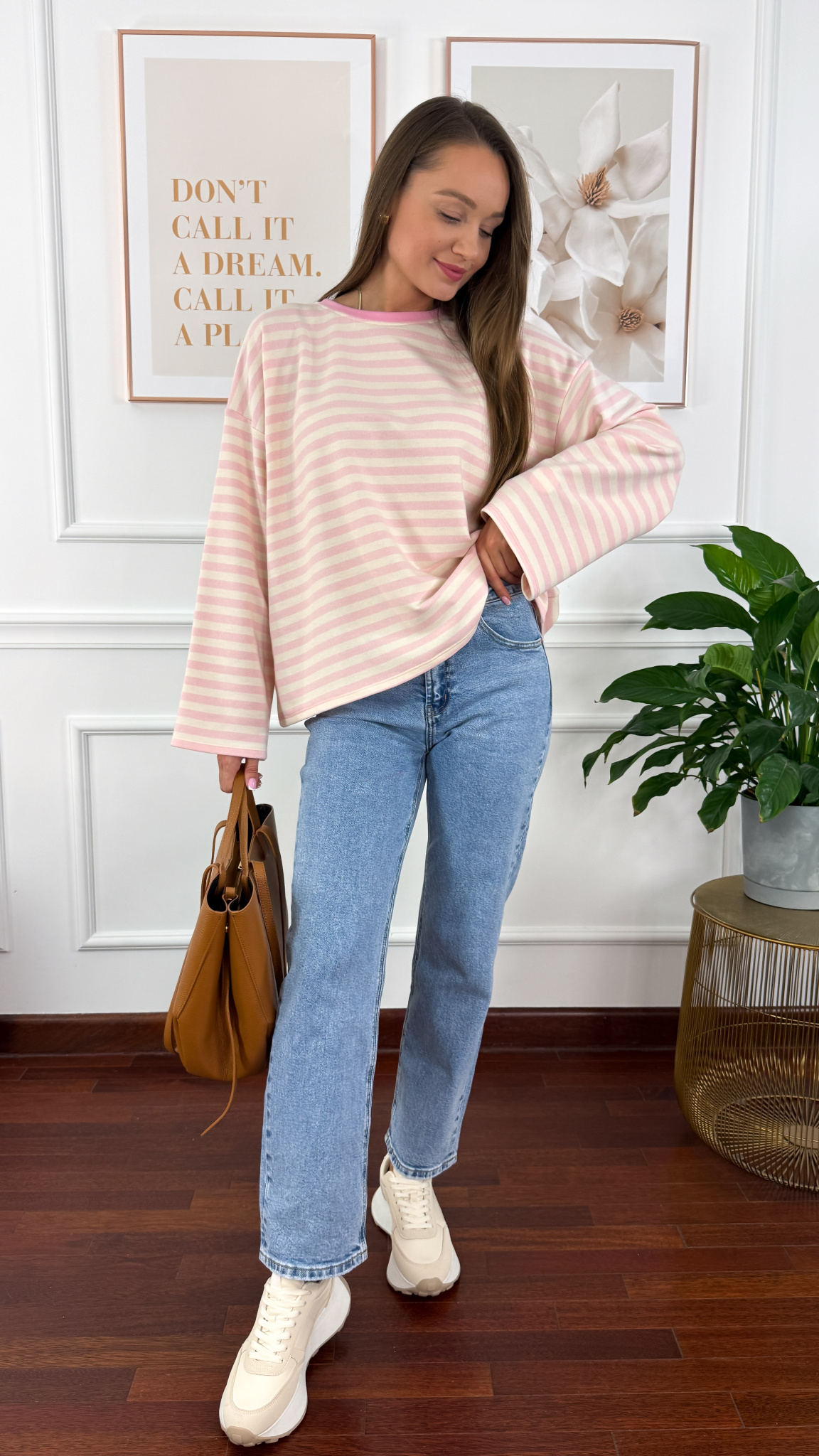 Bawełniana bluza Briva ecru-różowa