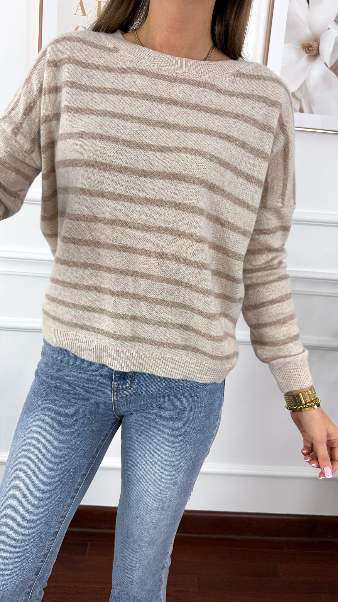 Wełniany sweter Torina beżowy w paski