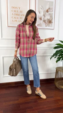 Koszula w kratę Calesia beż-fuksja