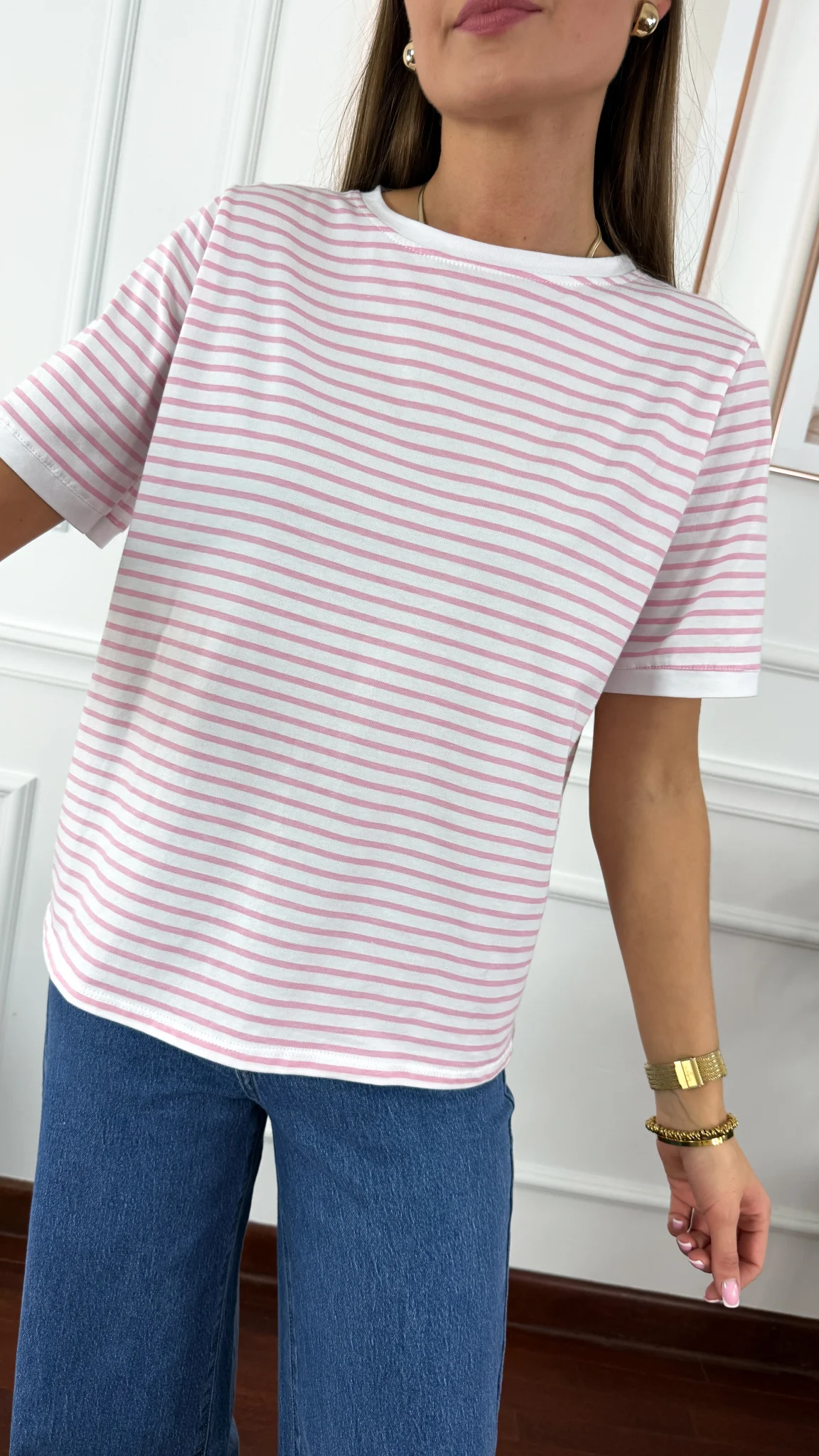 Bawełniany t-shirt w paski Natis biało-różowy