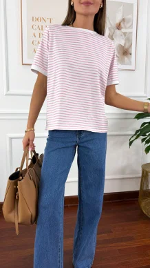 Bawełniany t-shirt w paski Natis biało-różowy