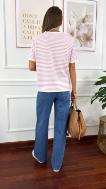 Bawełniany t-shirt w paski Natis biało-różowy