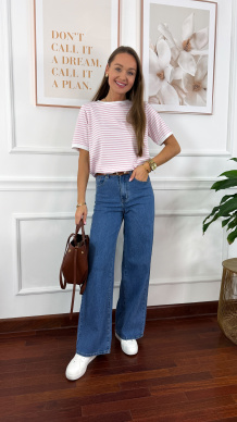 Bawełniany t-shirt w paski Natis biało-różowy