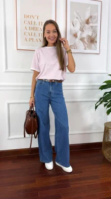 Bawełniany t-shirt w paski Natis biało-różowy