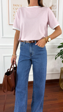 Bawełniany t-shirt w paski Natis biało-różowy