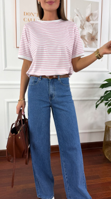 Bawełniany t-shirt w paski Natis biało-różowy