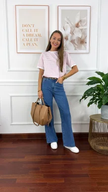 Bawełniany t-shirt w paski Natis biało-różowy