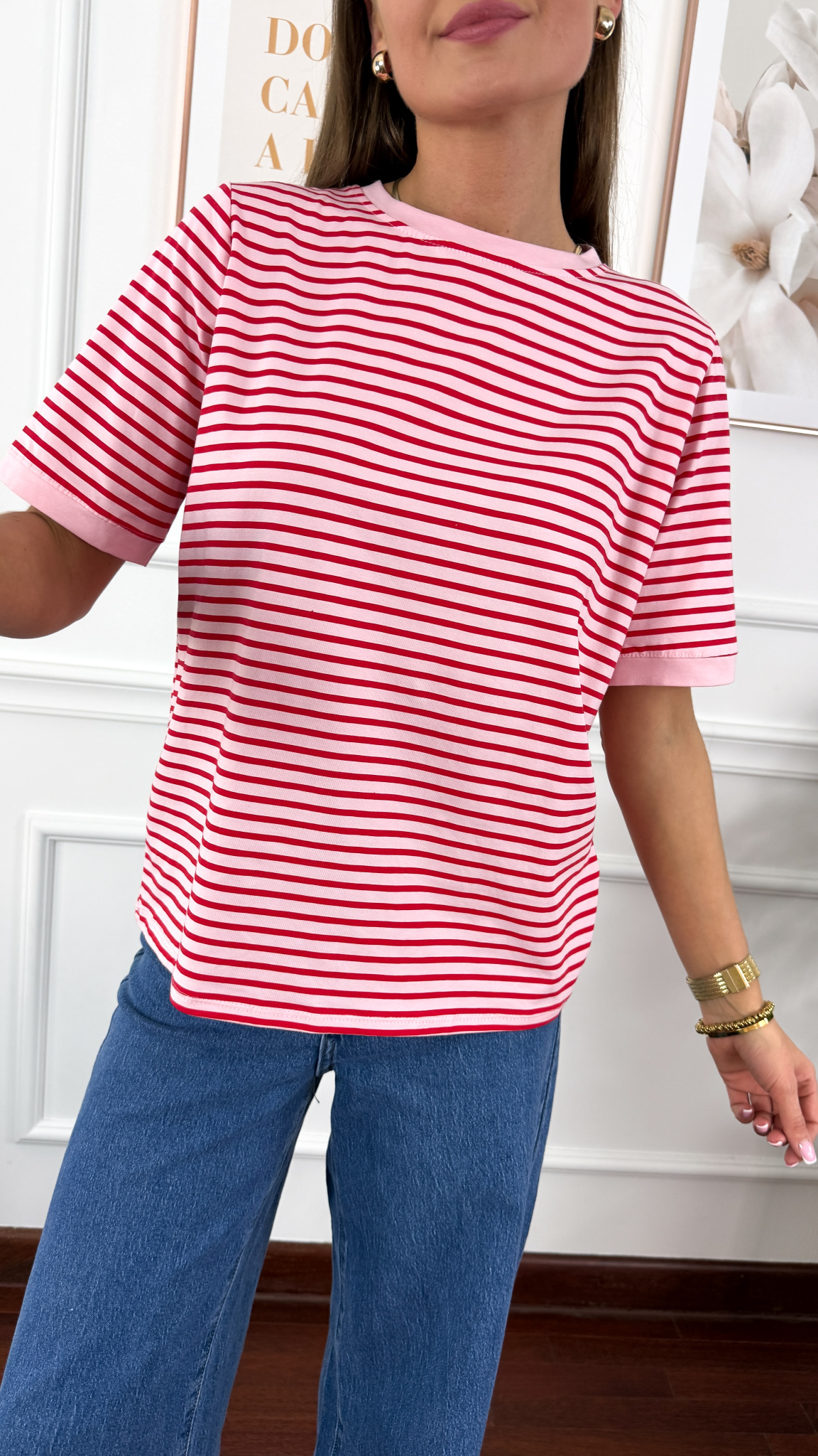 Bawełniany t-shirt w paski Natis różowo-czerwony