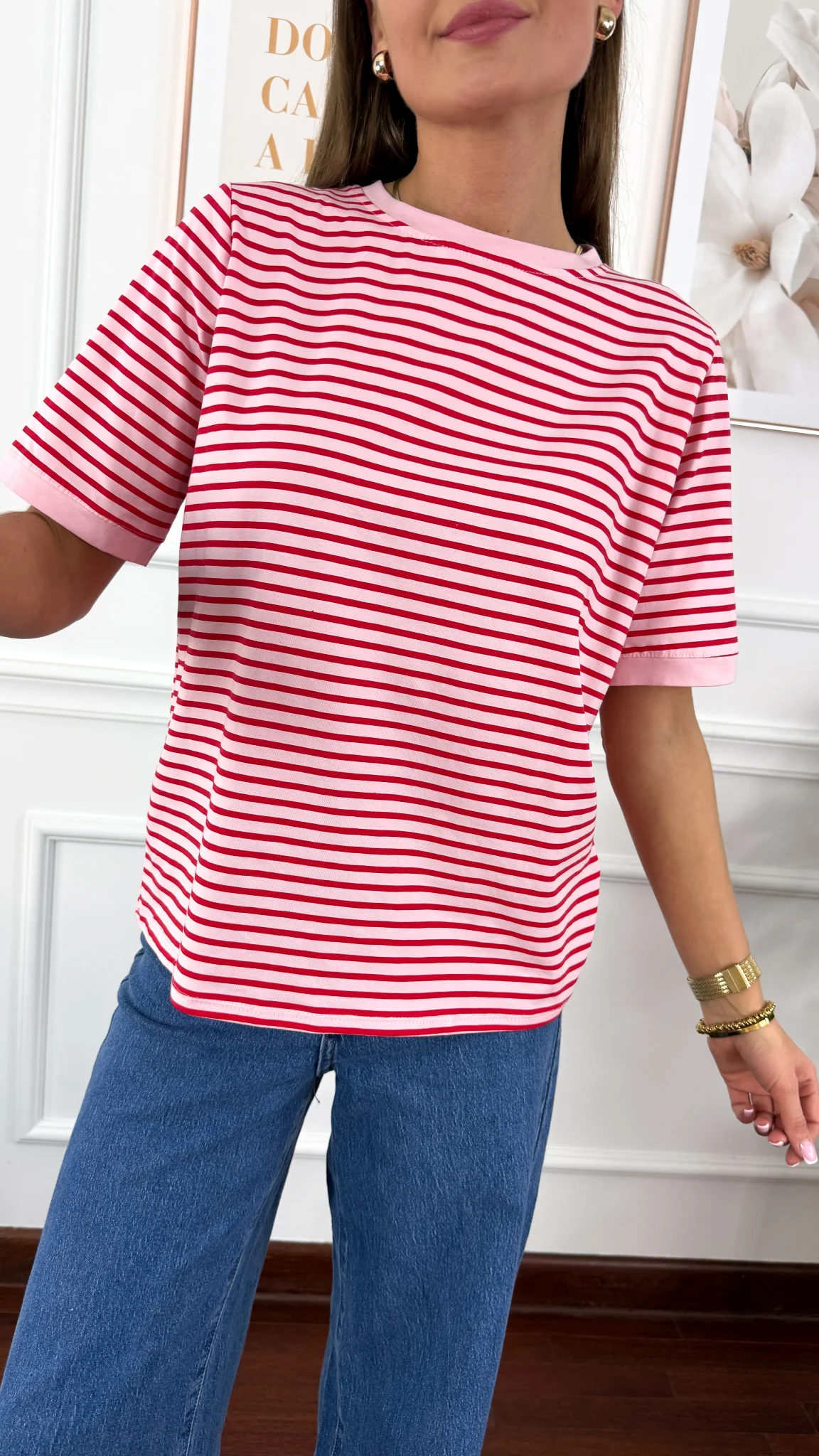 Bawełniany t-shirt w paski Natis różowo-czerwony