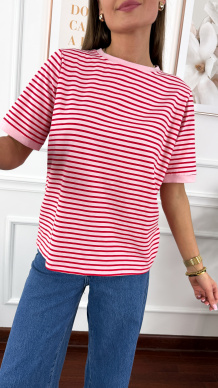 Bawełniany t-shirt w paski Natis różowo-czerwony